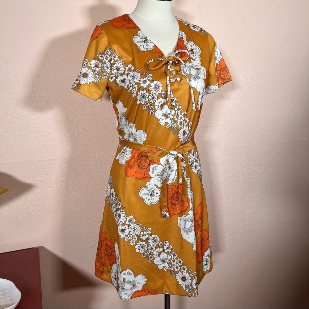 Vintage Mustard Orange Floral Mini Dress